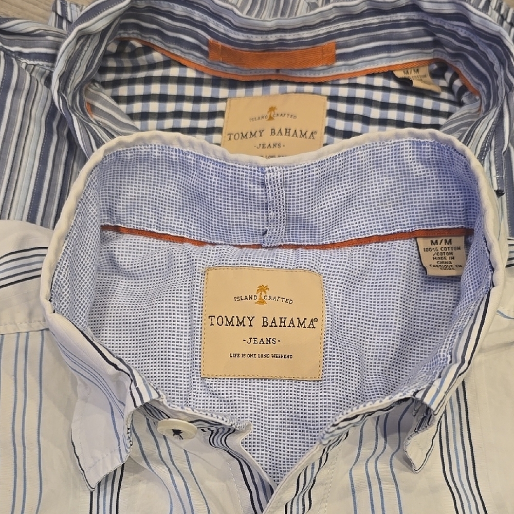 Lot 2 Striped button down Tommy Bahama COTTON shirts Medium BLUE STRIPES EUC